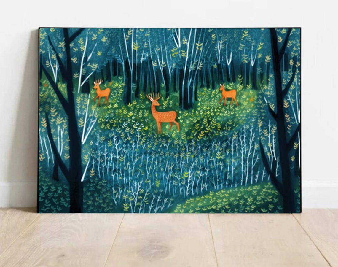 Deer in Enchanted Teal Forest Folk Art Woodland Animals Poster
