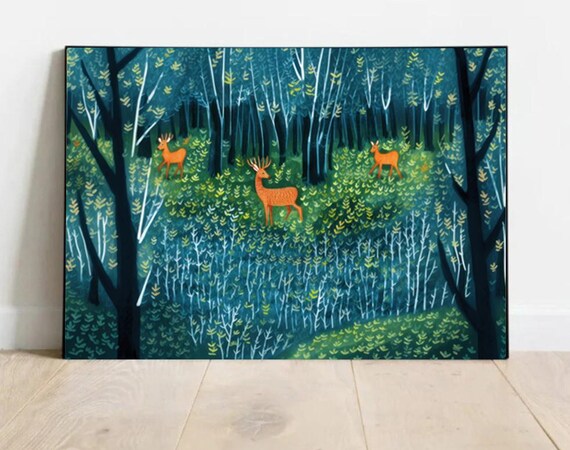 Deer in Enchanted Teal Forest Folk Art Woodland Animals Poster