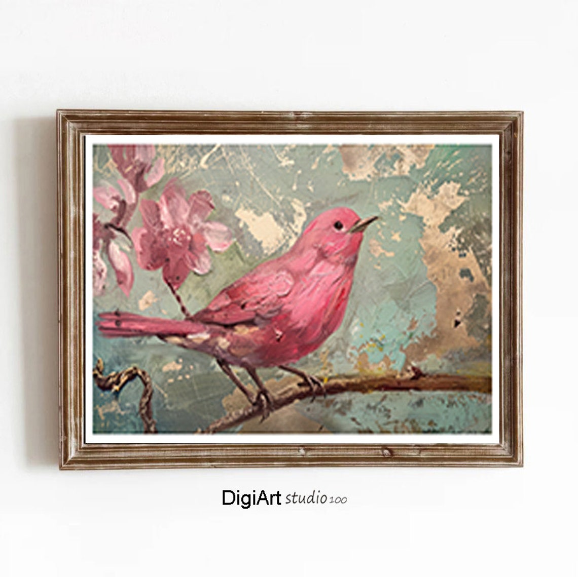 Pink Songbird Perched on Branch Painterly Vintage Bird Floral Print