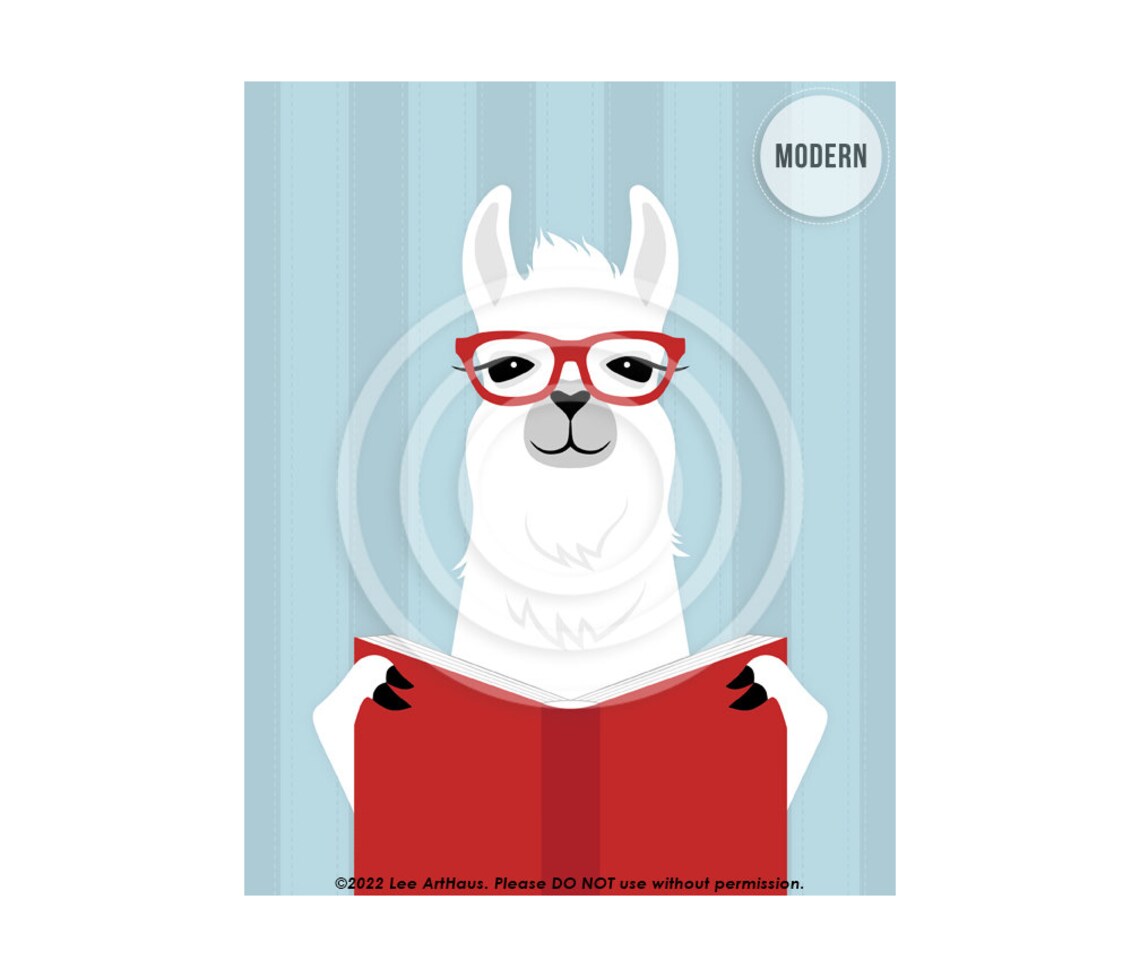 White Llama Red Glasses Reading Red Book Cute Library Decor Wall Poster - Image 2