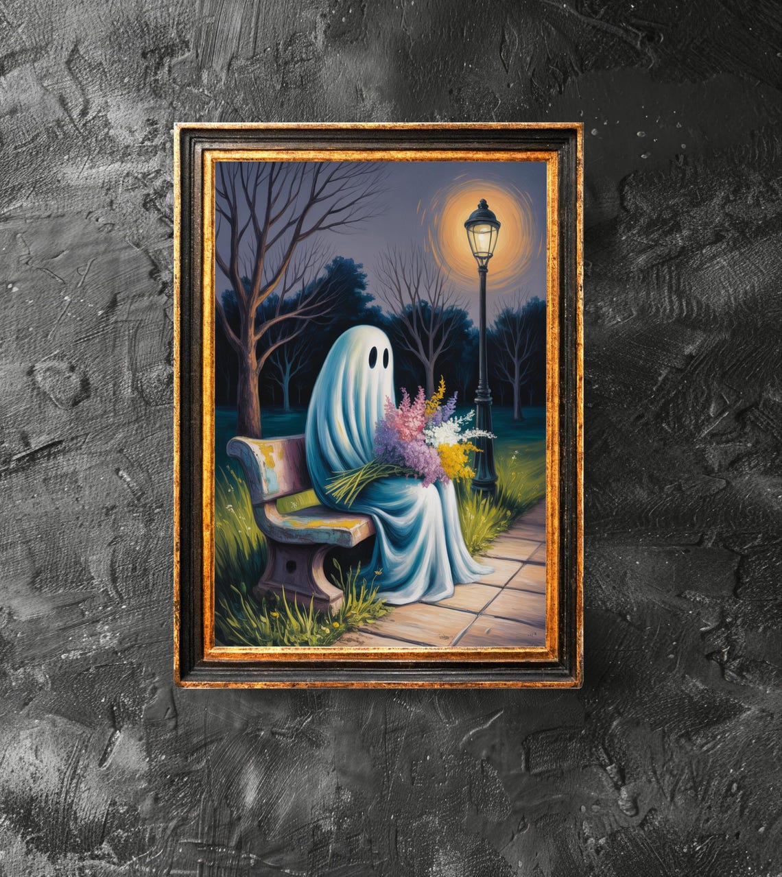 Holding A Flowers On The Bench Poster Spooky Wall Art Vintage Painting Halloween