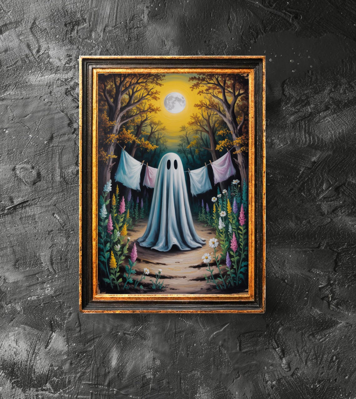 Laundry Day Ghost Hanging Washing Under Full Moon Halloween Poster