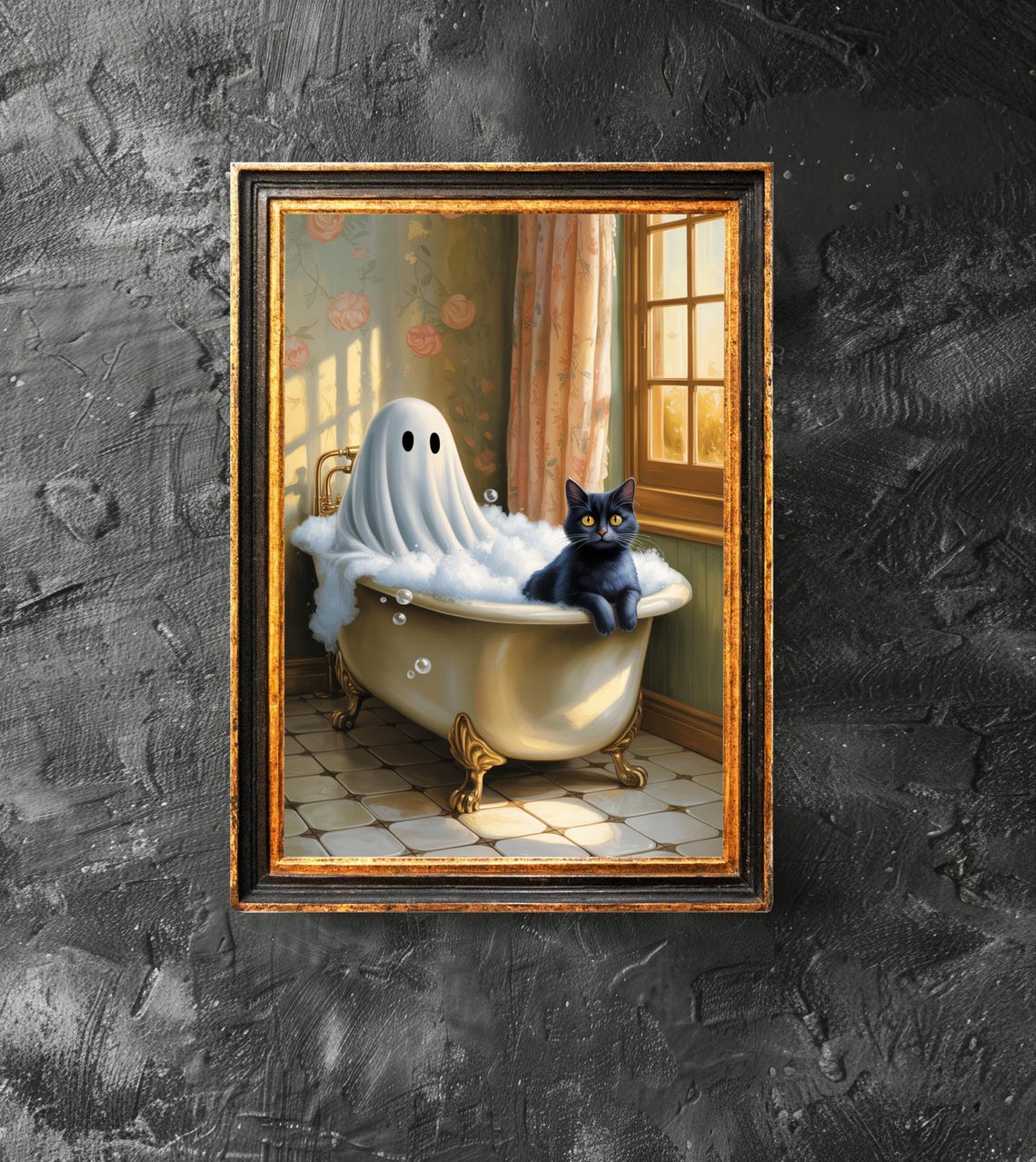 Cat In Bathtub Poster Spooky Bubblebath Art Retro Halloween Print Bathroom Decor