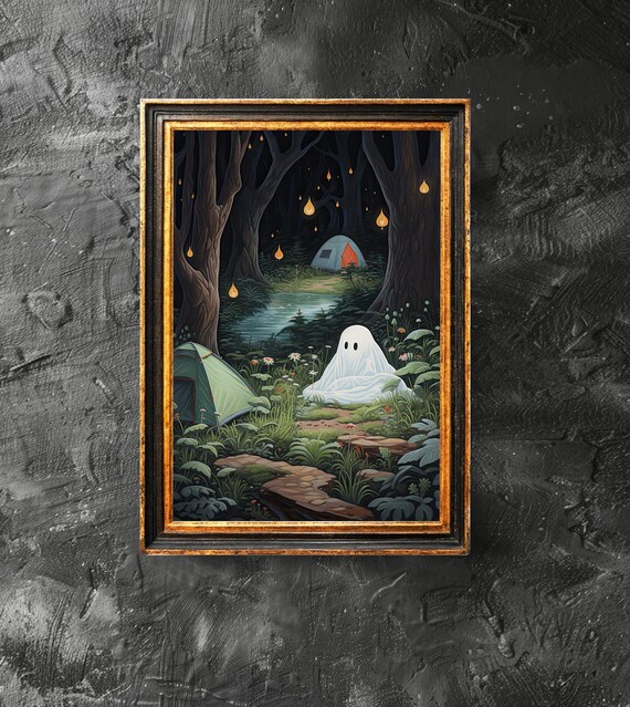 Camping Alone Spooky Cute Dark Academia Art Print Forest Wall Halloween Decor