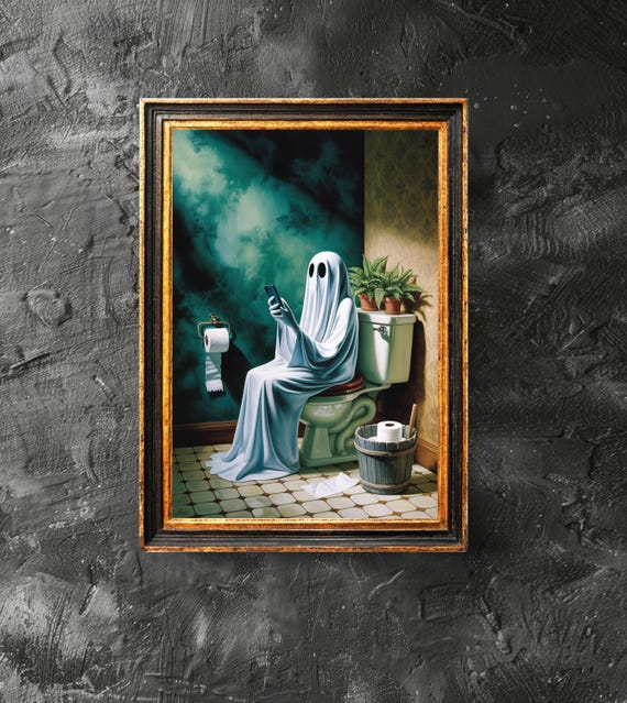 Looking A Mobile Phone On Toilet Poster Wall Art Vintage Bathroom Halloween Decor