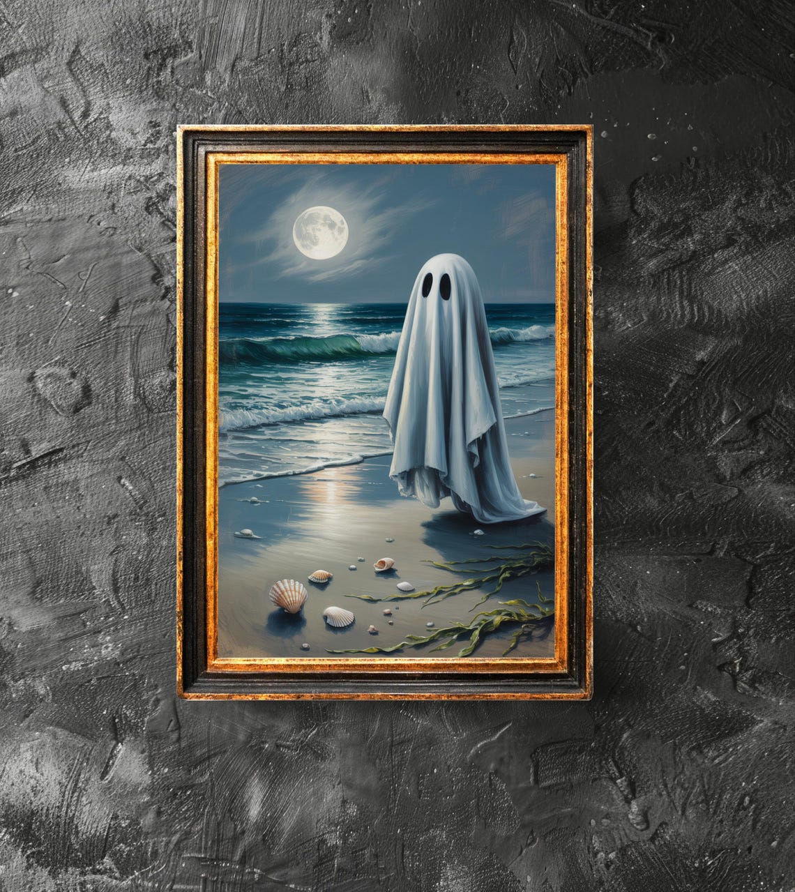 Vintage Spooky Ghost on the Beach Halloween Moonlit Ocean Poster