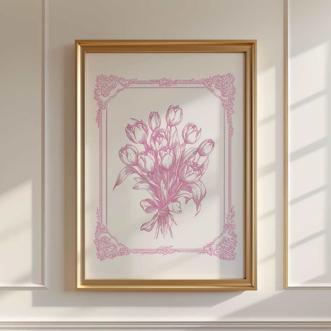 Vintage Pink Tulip Bouquet Illustration Ornate Border Floral Poster