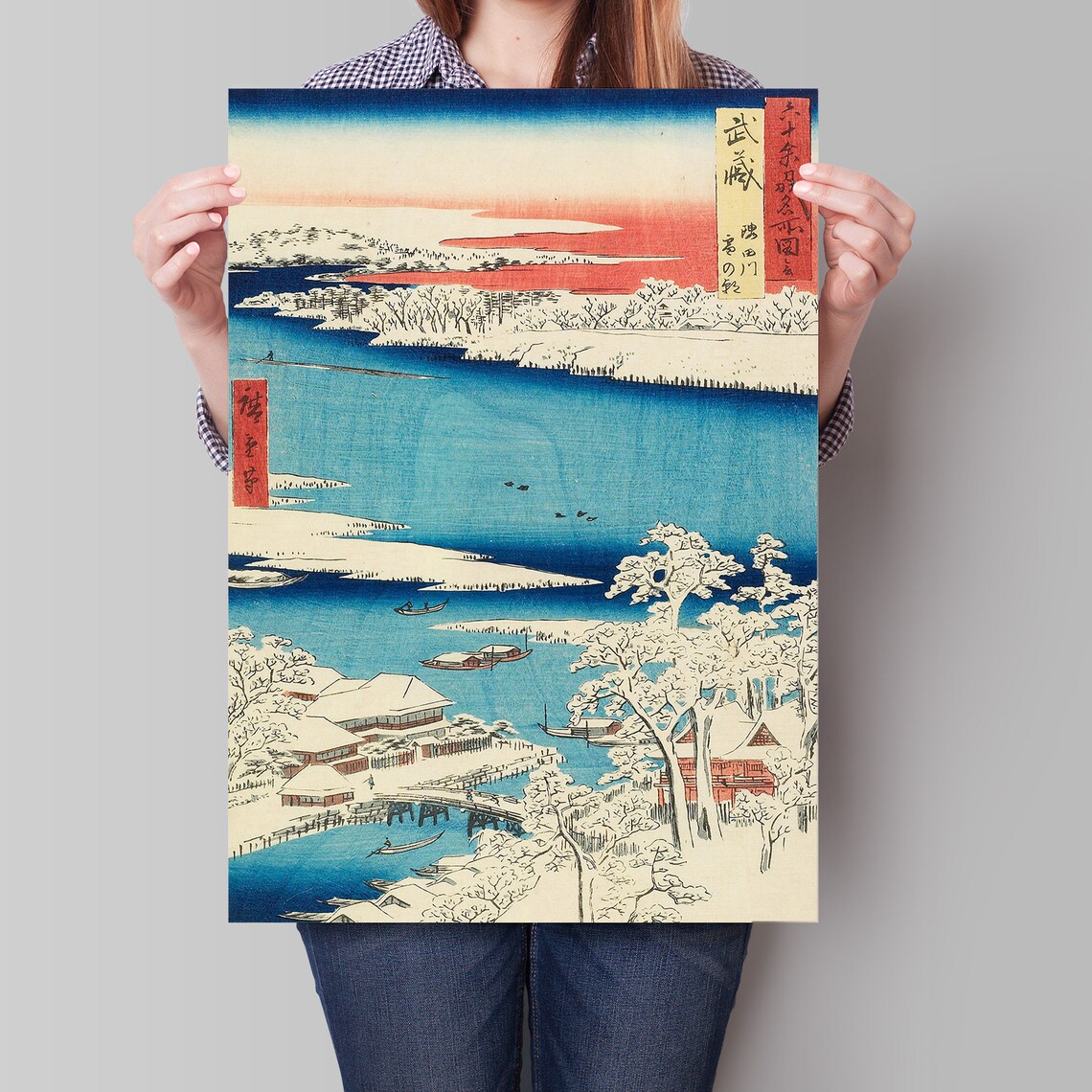 Utagawa Hiroshige Snowy River Winter Dawn Boats Woodblock Art Poster - Image 4
