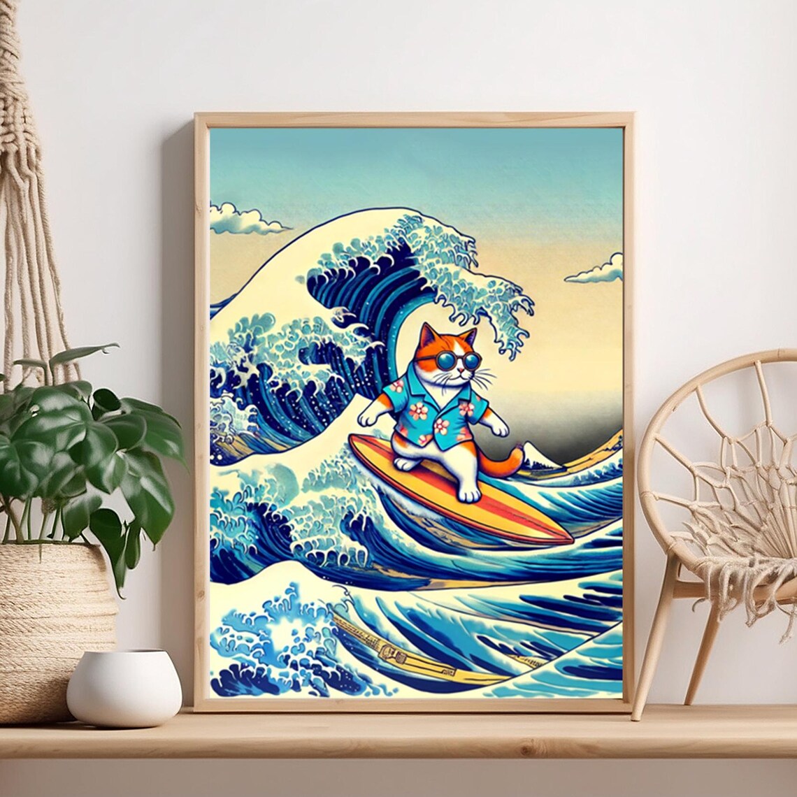 Surfing Cat Great Wave Kawaii Japanese Style Beach Art Print