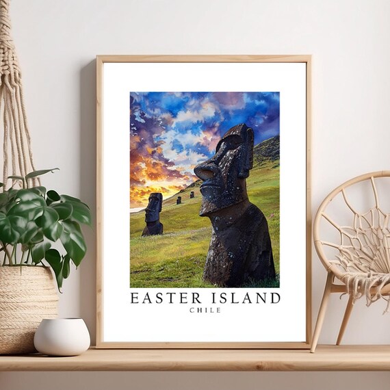 Easter Island Chile Moai Statues Sunset Watercolor Travel Poster
