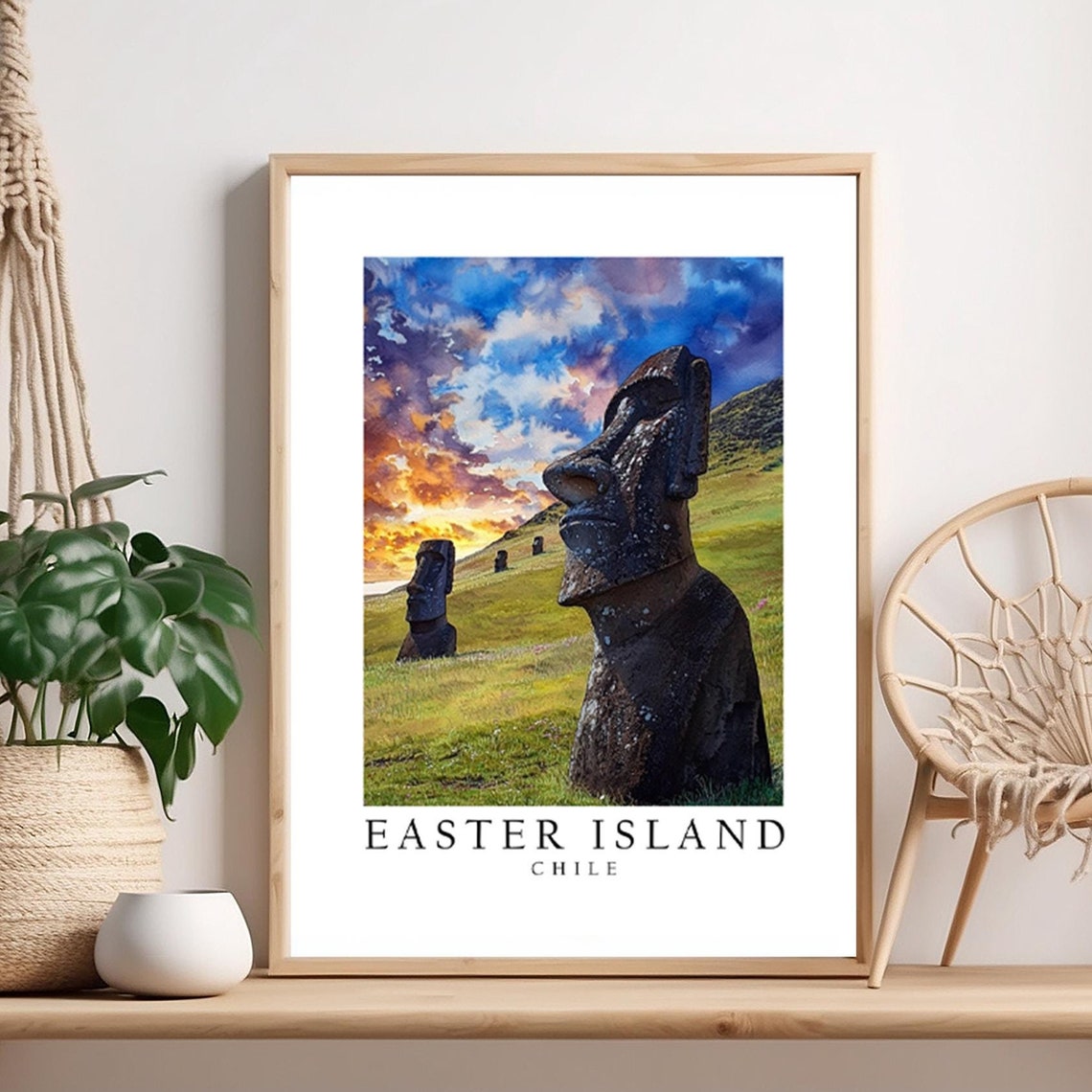 Easter Island Chile Moai Statues Sunset Watercolor Travel Poster