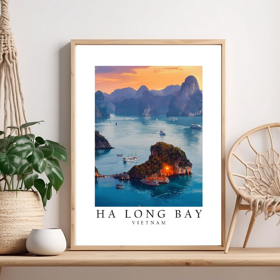 Ha Long Bay Vietnam Sunset Travel Poster With Limestone Karsts