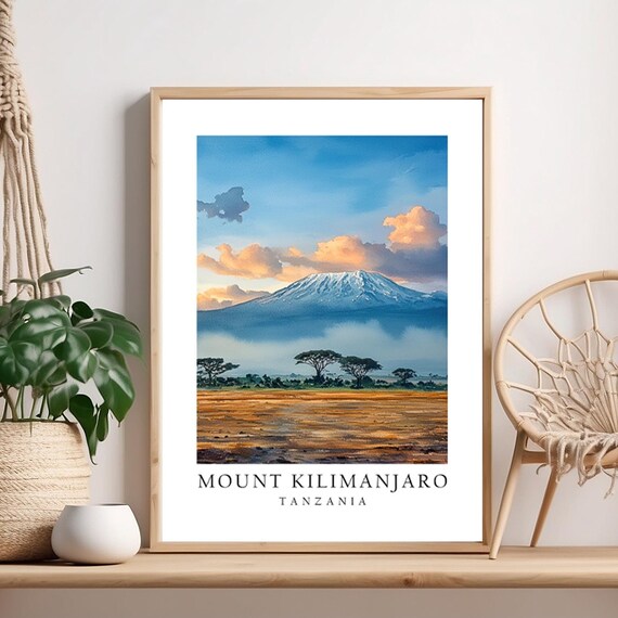 Mount Kilimanjaro Tanzania Snow Peak Watercolor Travel Poster