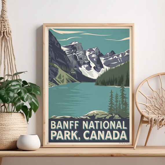 Banff National Park Canada Snowy Mountain Peaks Retro Travel Poster