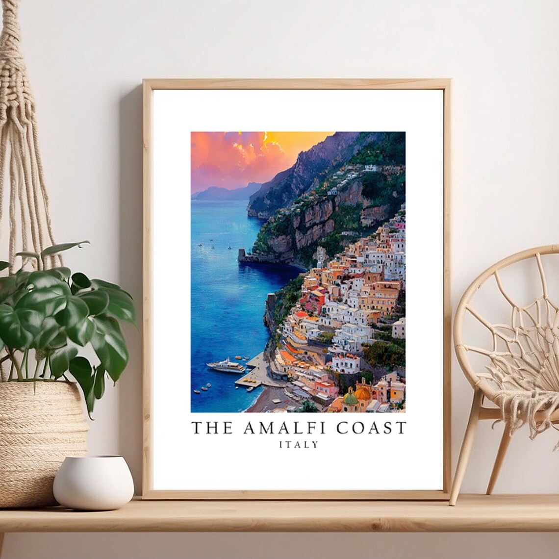 The Amalfi Coast Italy Sunset Cliffs Seaside Village Travel Poster