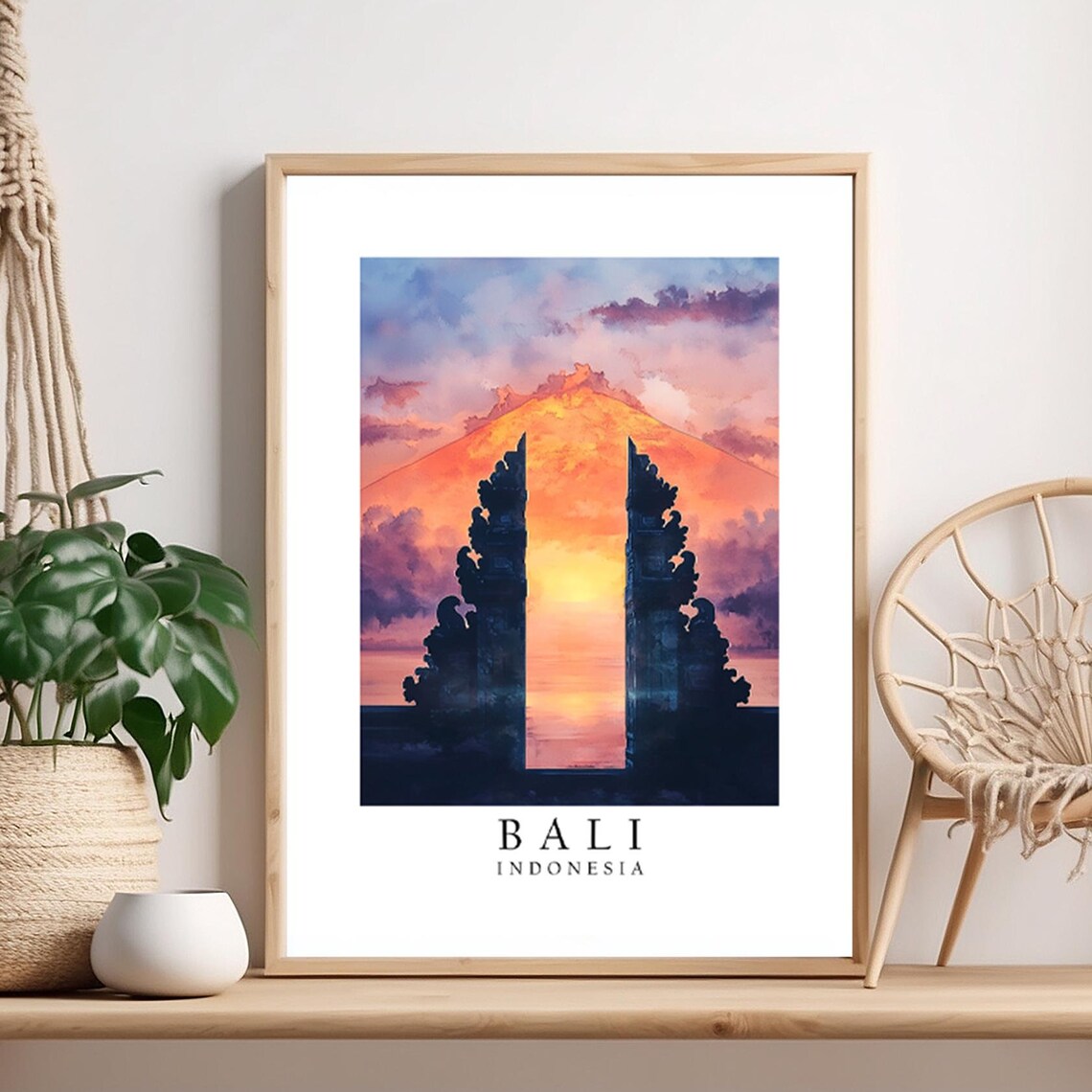 Bali Indonesia Temple Gate Silhouette Sunset Travel Poster Art