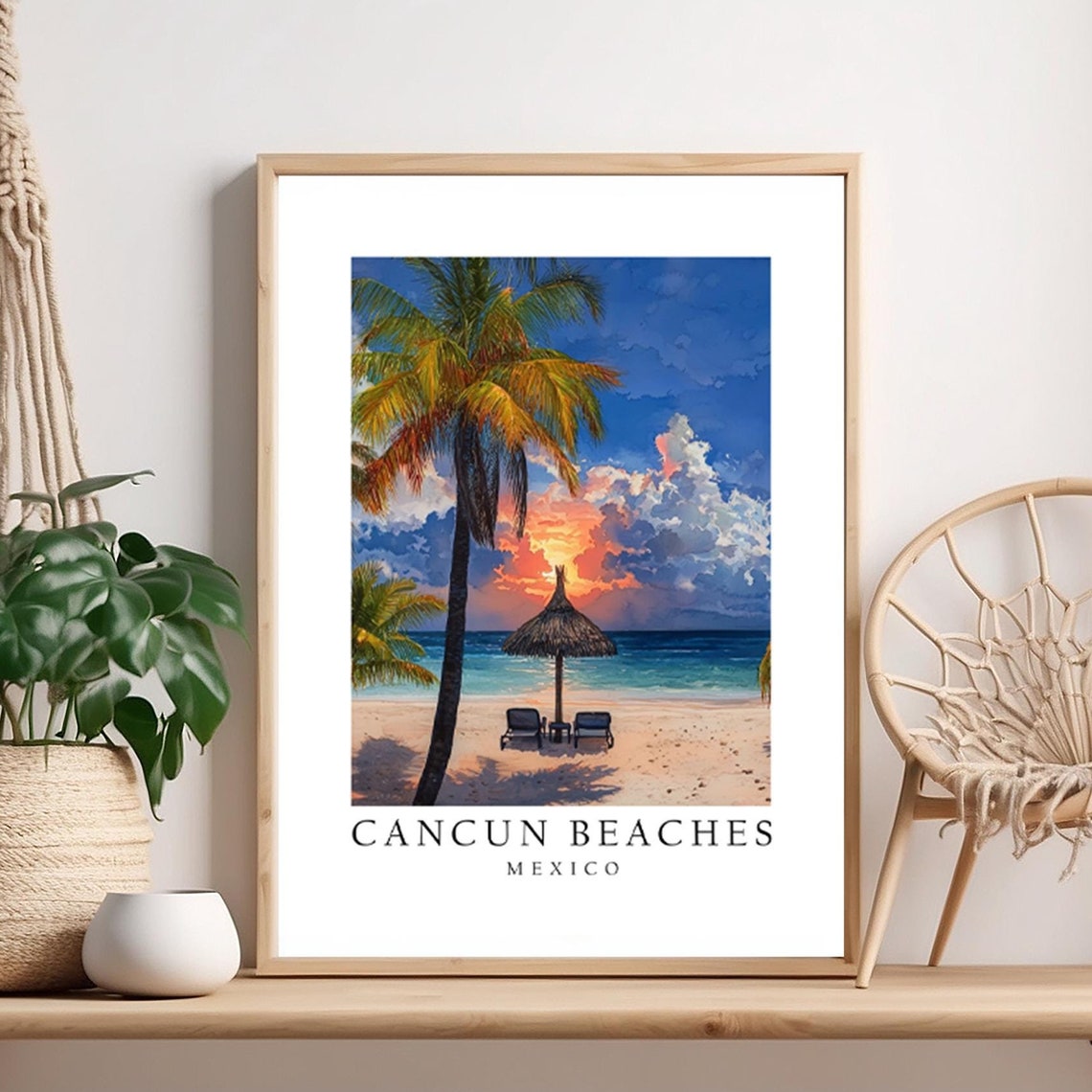 Cancun Beaches Mexico Tropical Sunset Palapa Beach Art Poster
