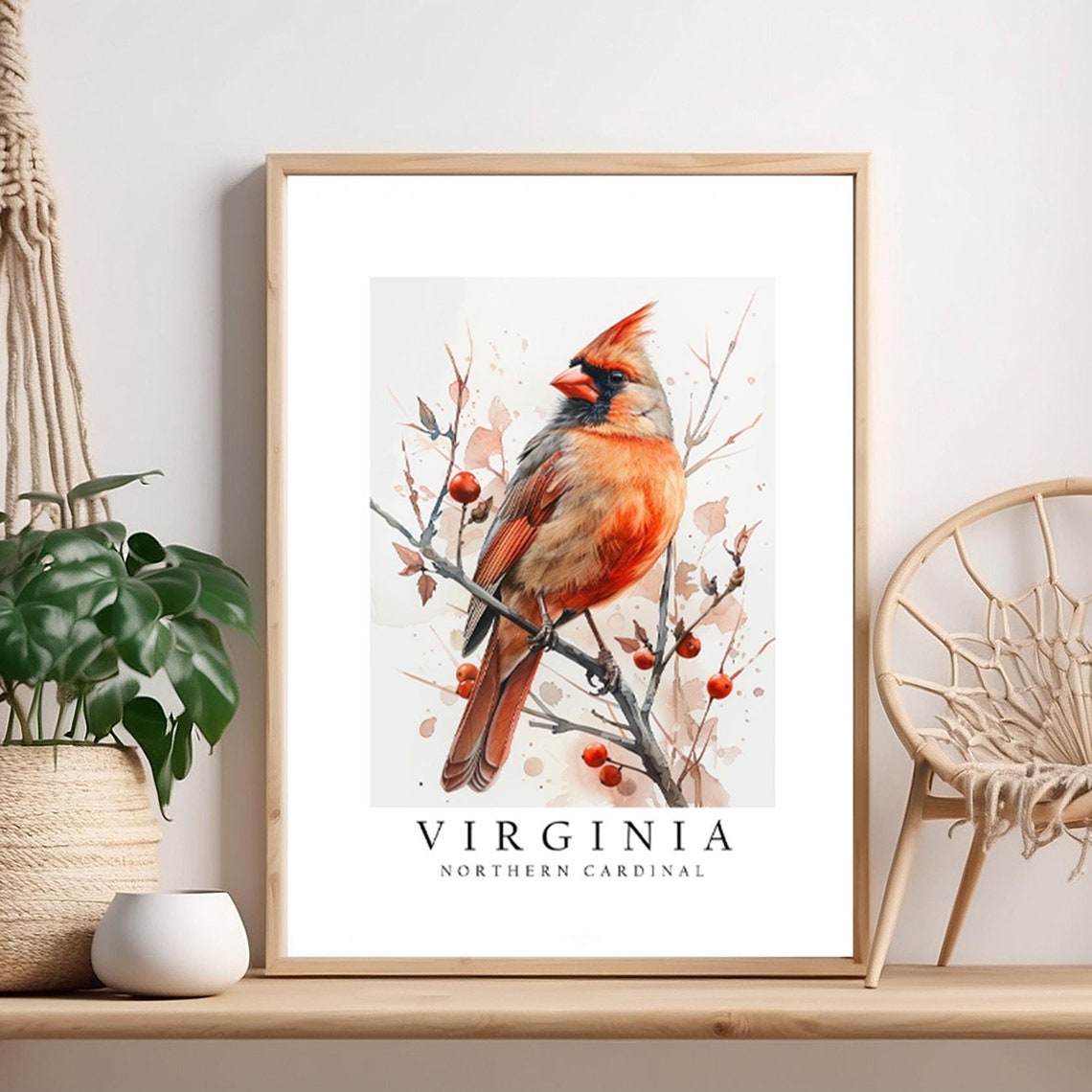Northern Cardinal Virginia State Bird Watercolor Branch Nature Poster