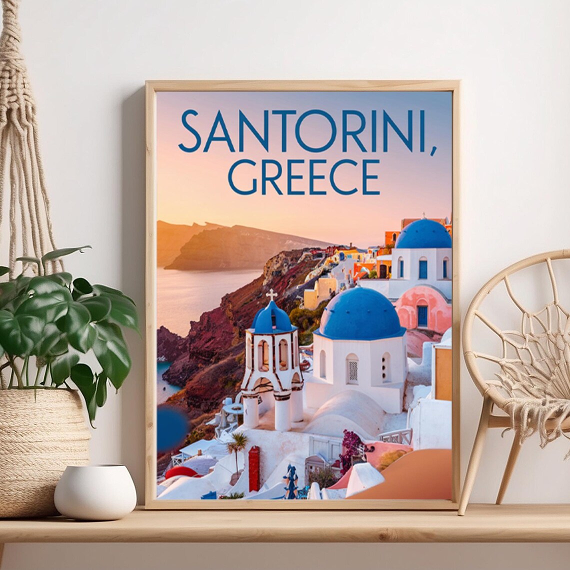 Santorini Greece Blue Domes Sunset Illustrated Travel Poster