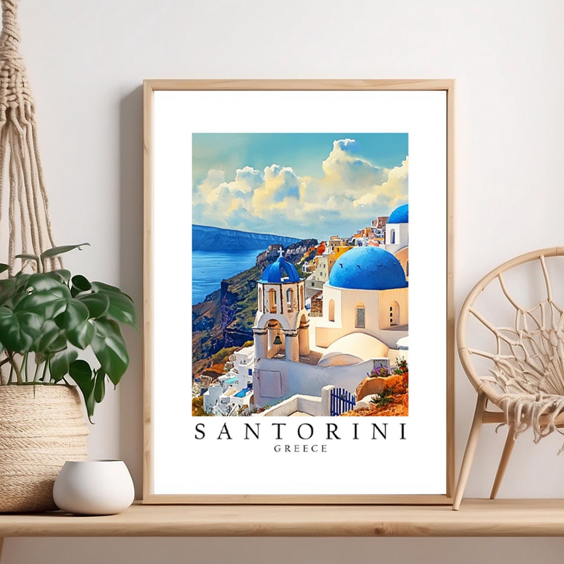 Santorini Greece Blue Domed Churches Aegean Travel Art Poster