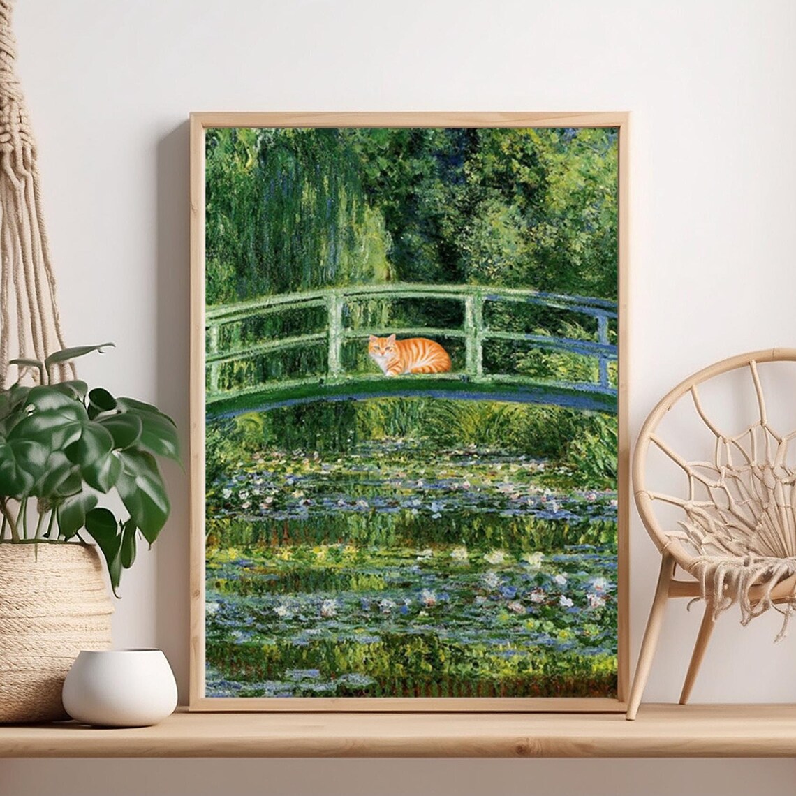 Ginger Orange Cat on Monet Japanese Bridge Water Lilies Art Poster