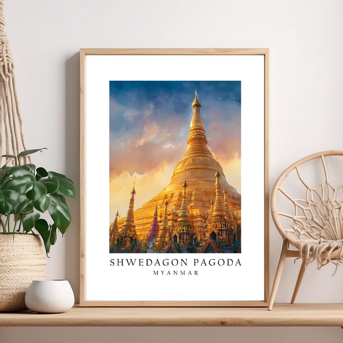 Shwedagon Pagoda Myanmar Golden Temple Sunset Travel Art Poster