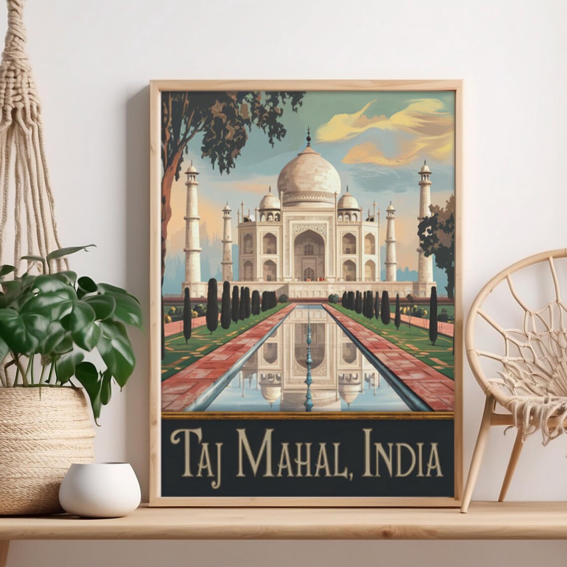 Taj Mahal India Reflection Pools Vintage Illustrated Travel Poster