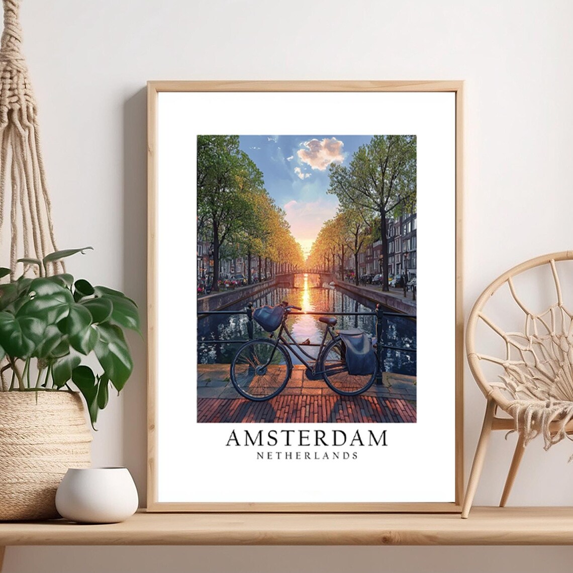 Amsterdam Netherlands Canal Sunset Bicycle Bridge Travel Photo Poster