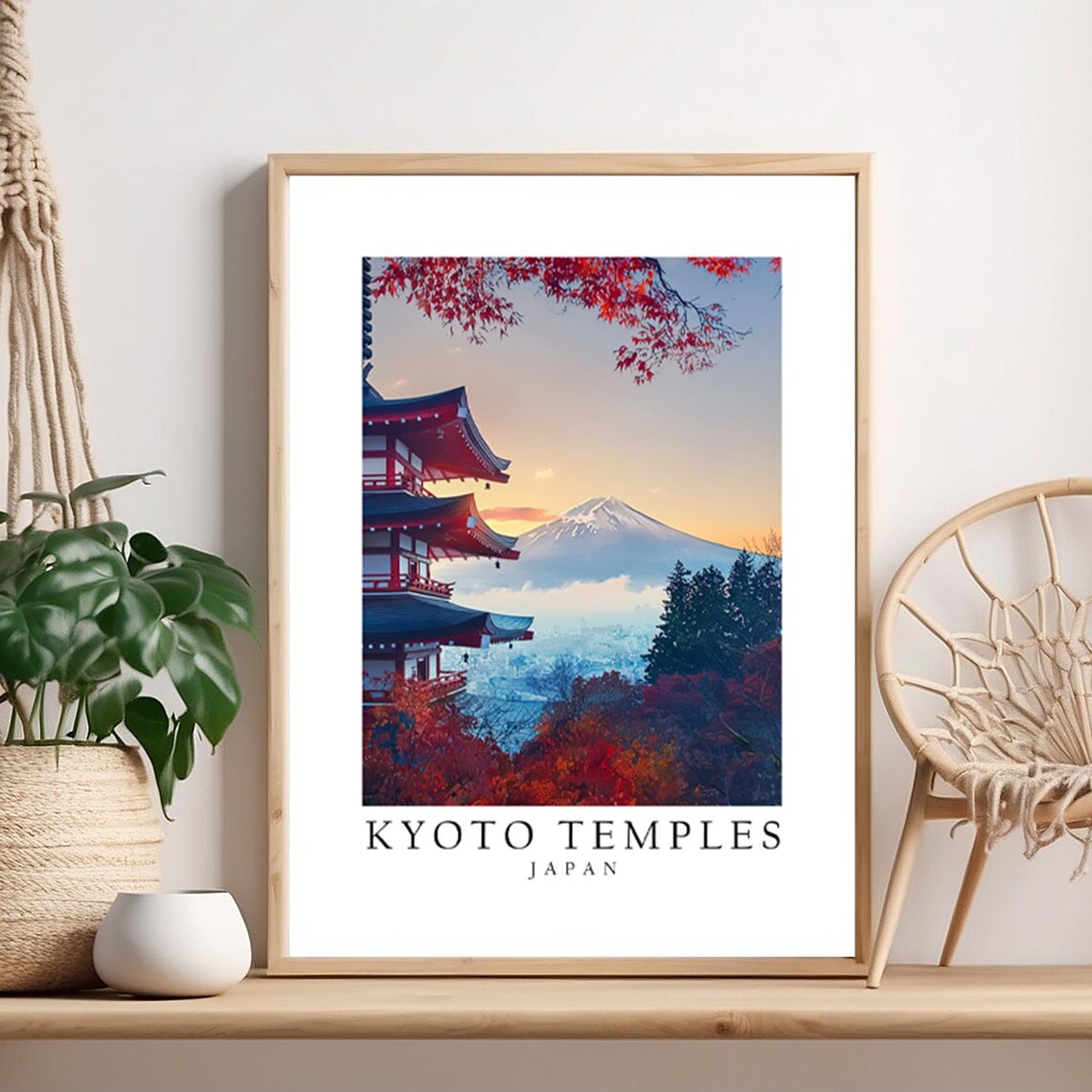 Kyoto Temples Japan Autumn Red Maple Pagoda Mt Fuji Travel Poster