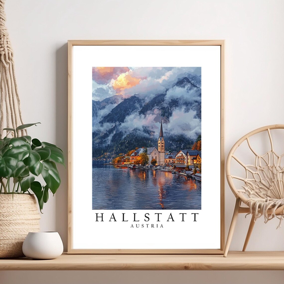 Hallstatt Austria Lakeside Village Sunset With Church Travel Poster