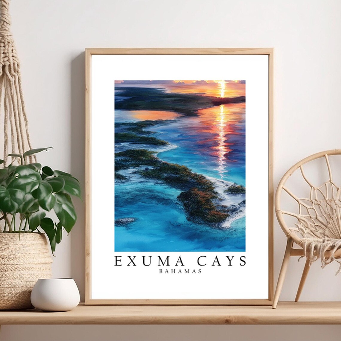 Exuma Cays Bahamas Sunset Aerial Turquoise Waters Travel Poster
