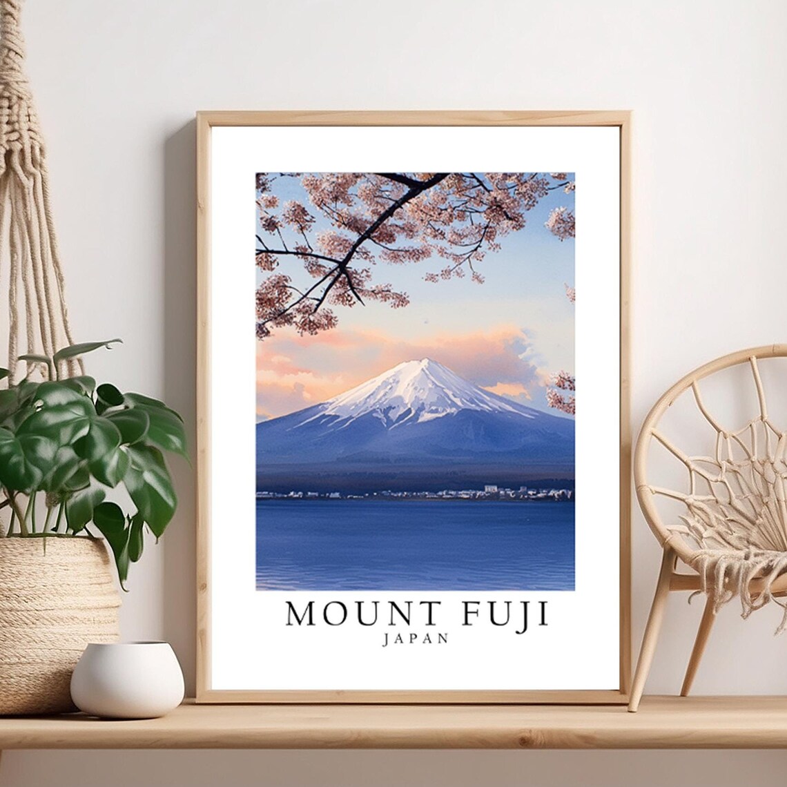 Mount Fuji Japan with Cherry Blossoms and Lake Travel Art Poster