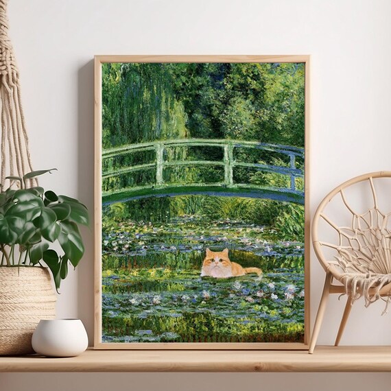 Ginger Cat In Monet Water Lily Pond Funny Impressionist Art Poster