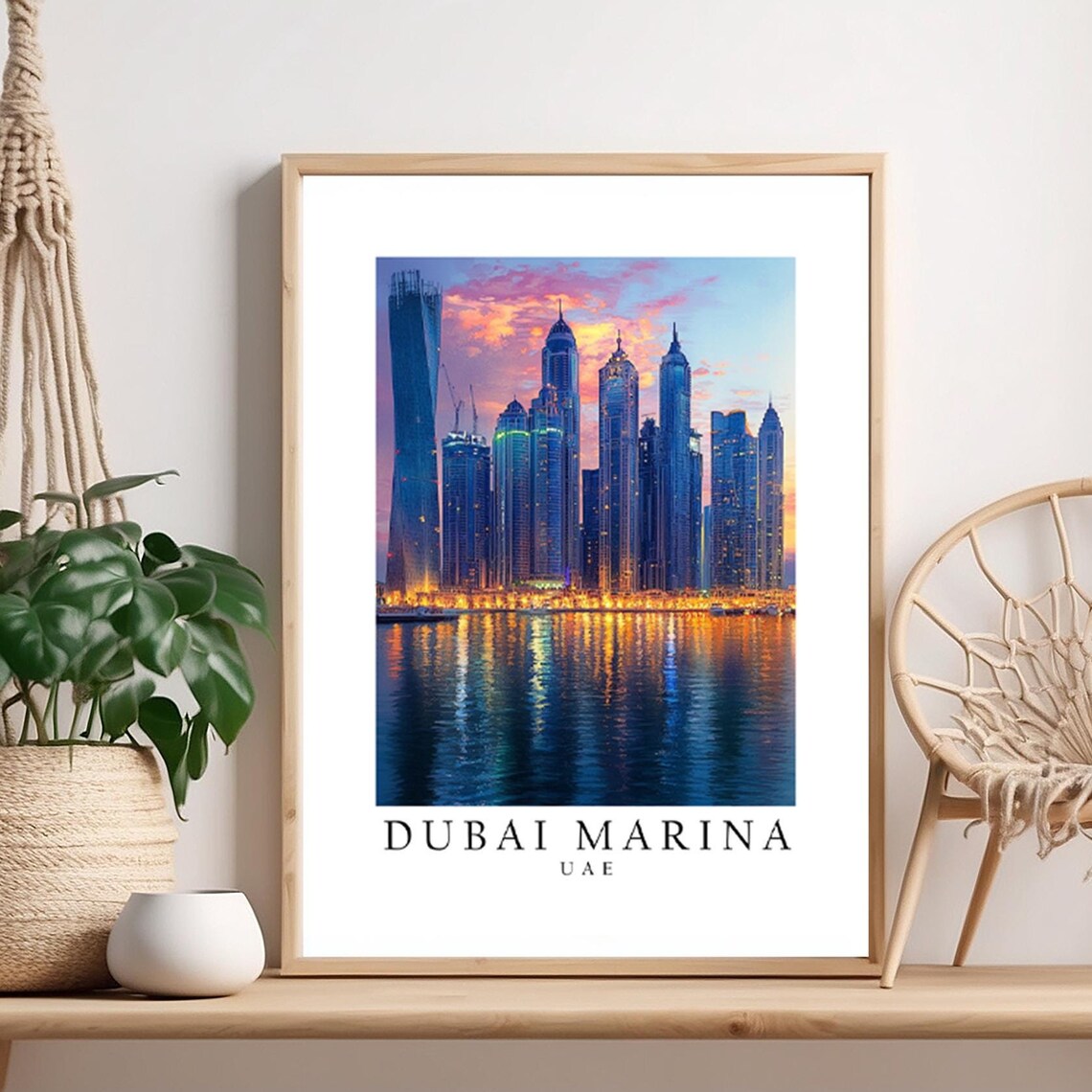 Dubai Marina UAE Sunset Skyline Waterfront Travel Art Poster