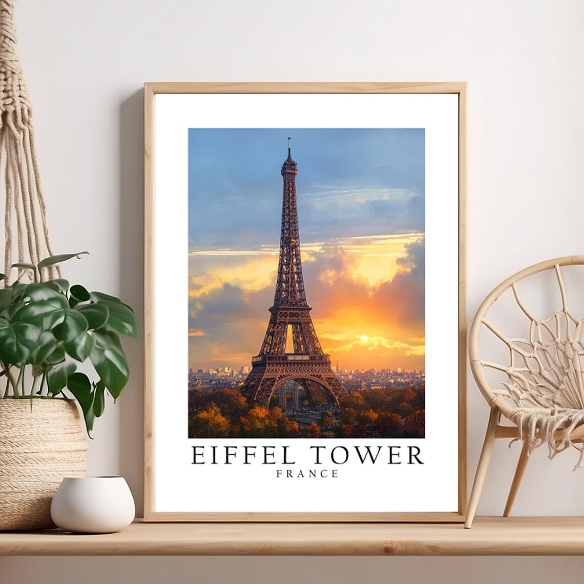 Eiffel Tower Paris France Sunset Golden Sky Vintage Travel Poster