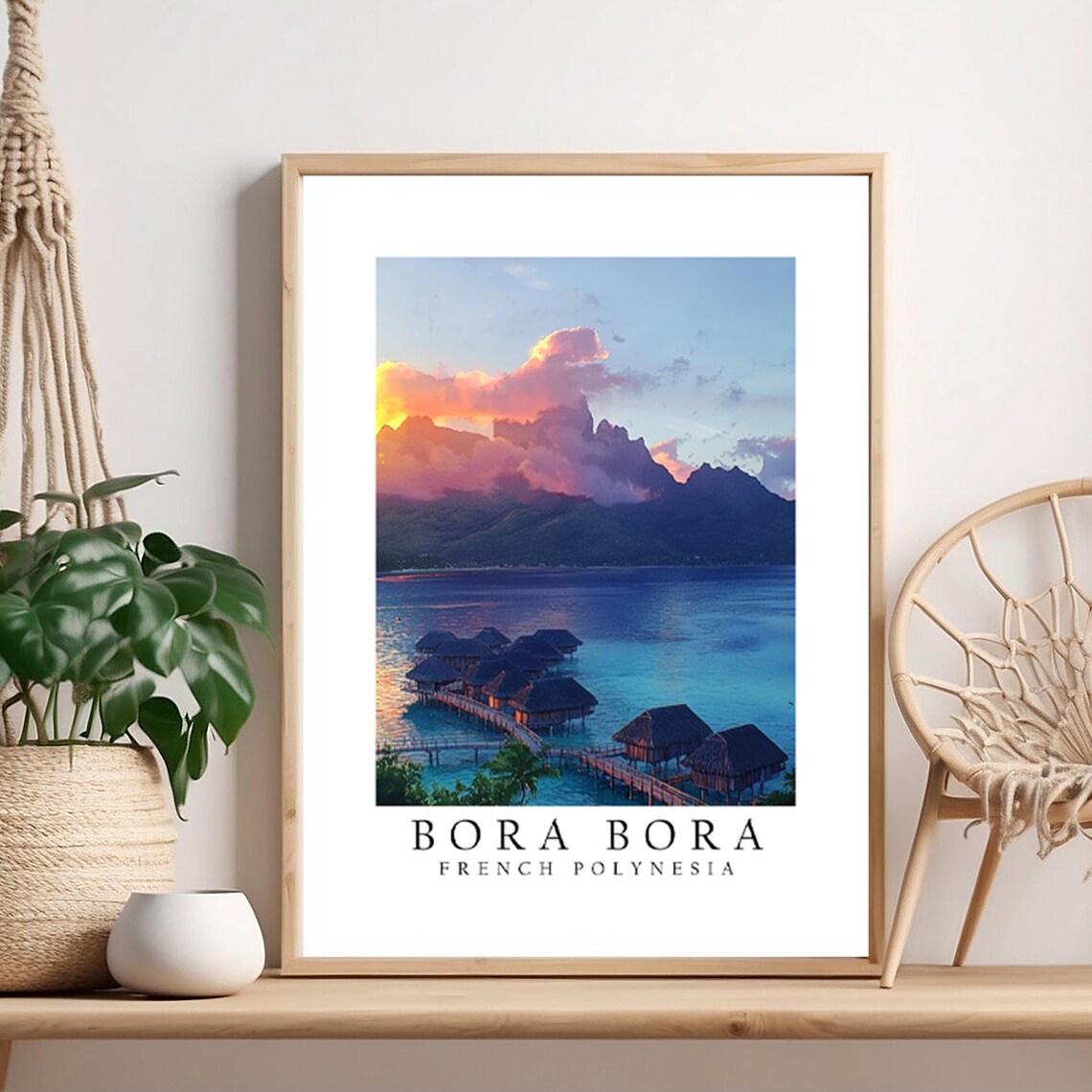 Bora Bora Overwater Bungalows Sunset Illustrated Travel Poster