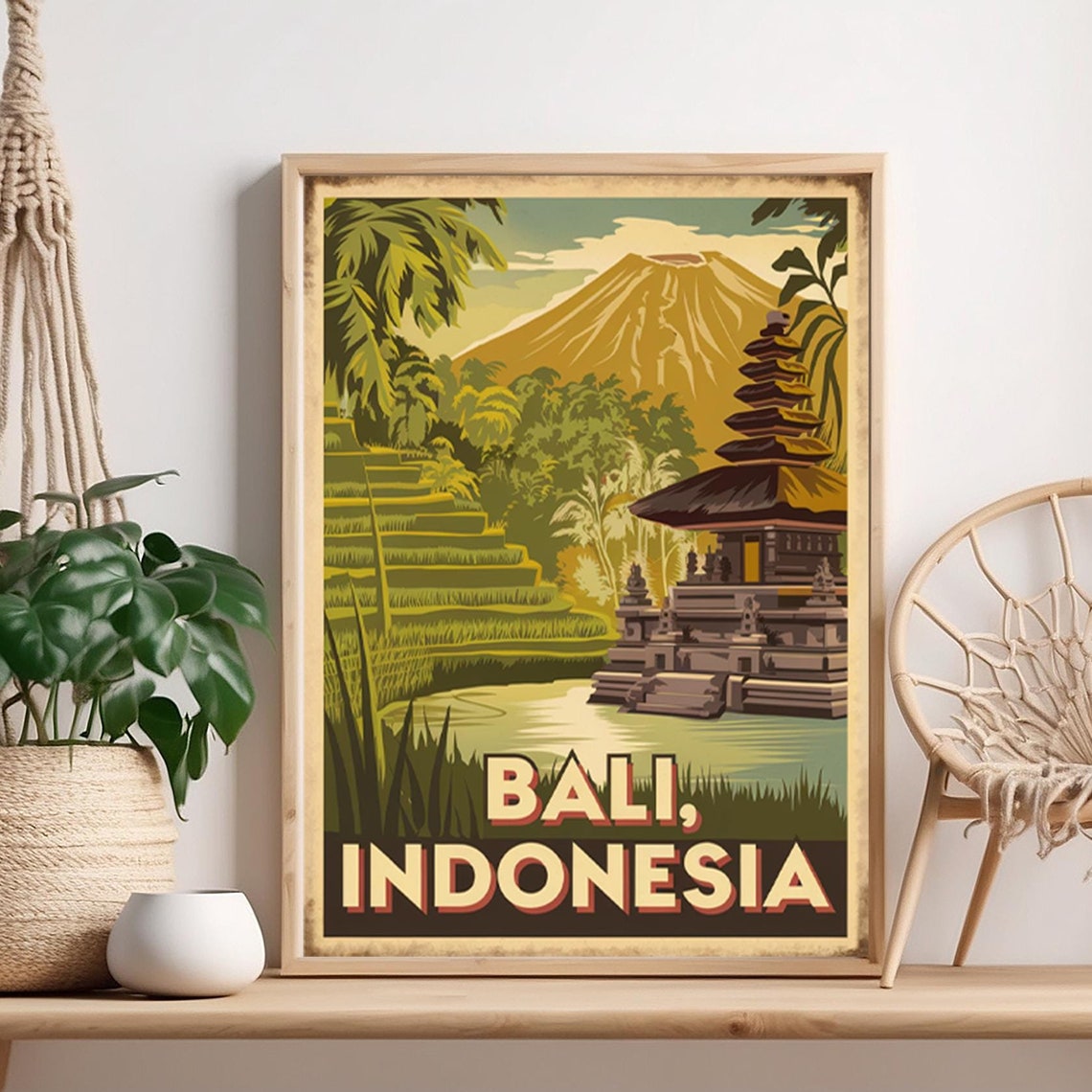Bali Indonesia Temple Volcano Rice Terraces Retro Travel Poster