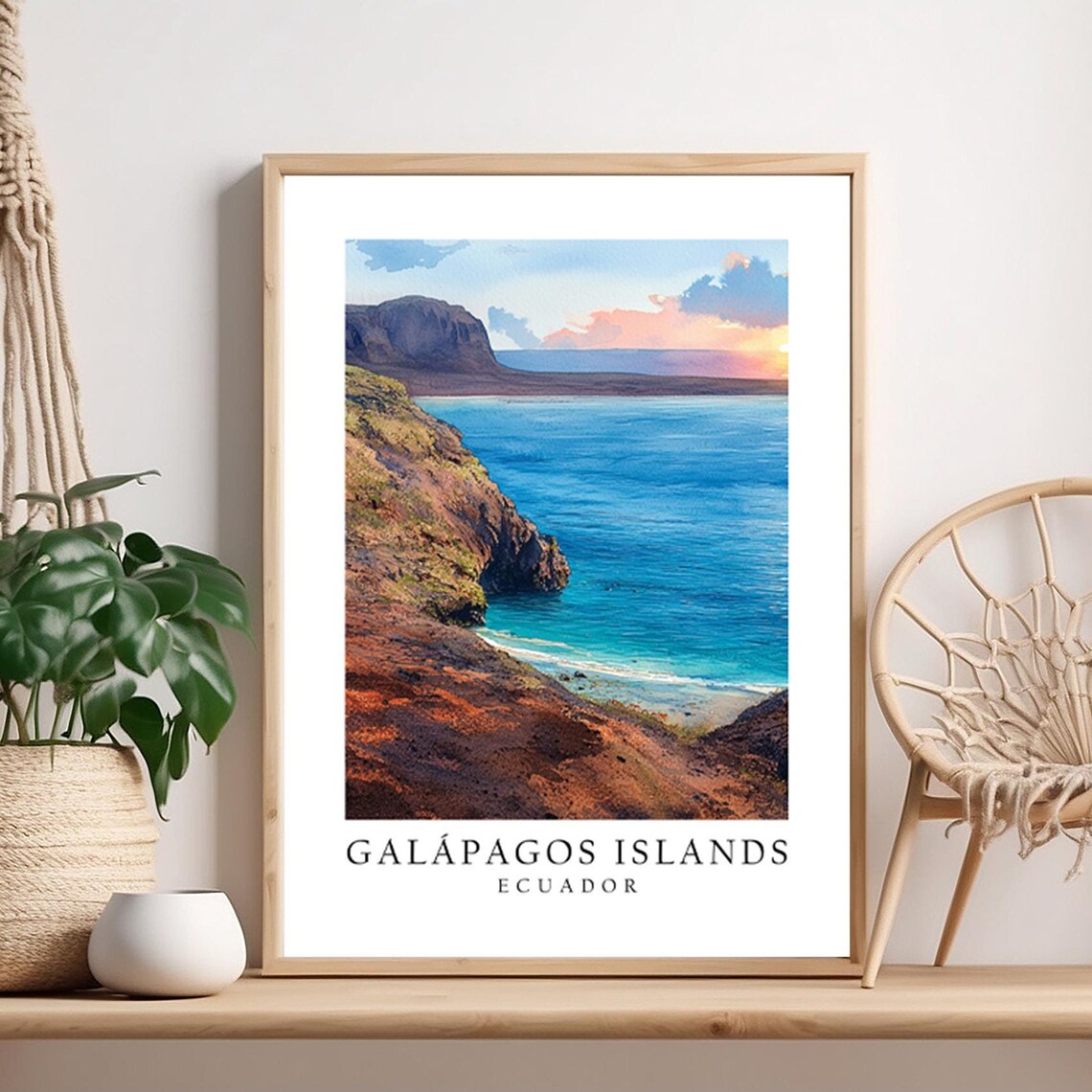 Galapagos Islands Ecuador Sunset Cliffs Ocean Watercolor Travel Poster