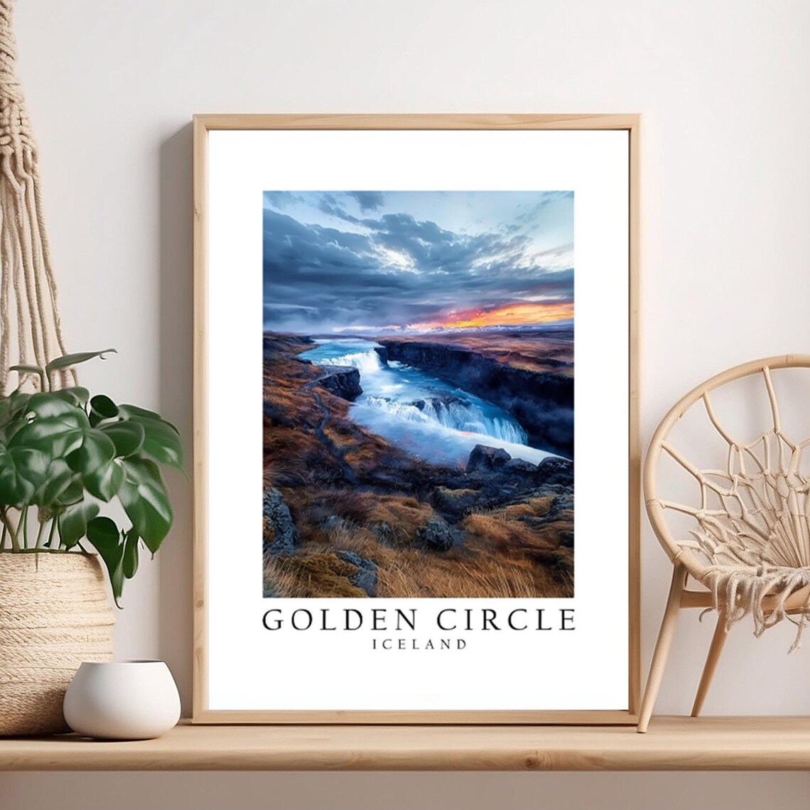 Golden Circle Iceland Waterfall at Sunset Moody Travel Poster