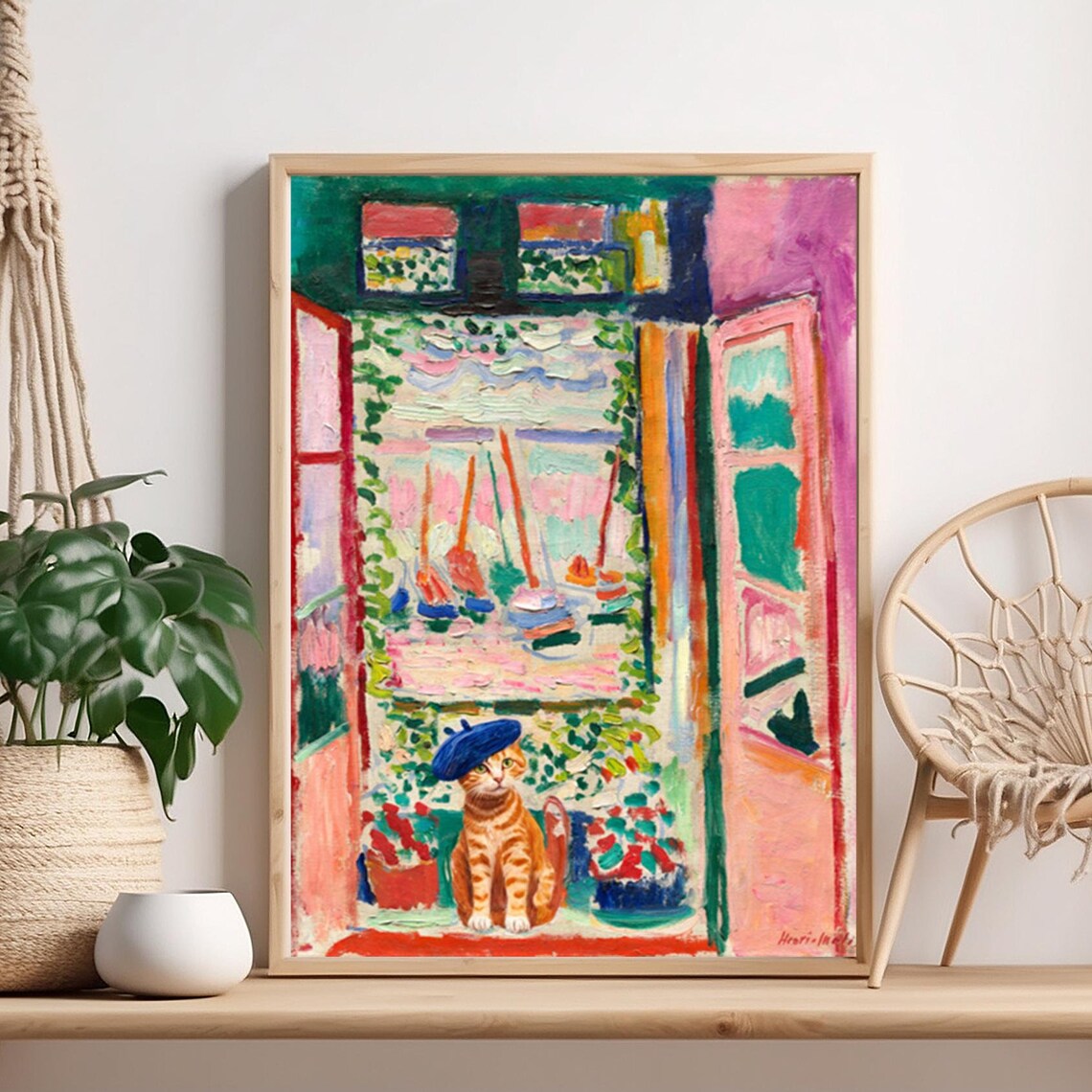 Ginger Cat In Blue Beret Matisse Style Window Art Funny Cat Poster