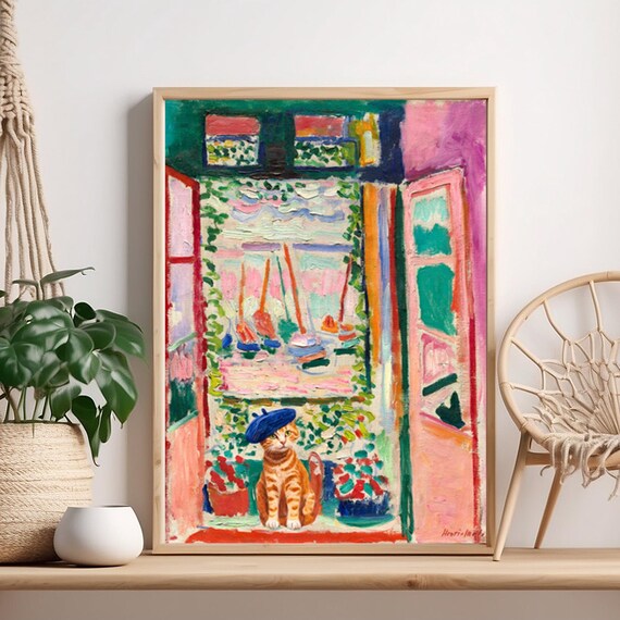 Ginger Cat In Blue Beret Matisse Style Window Art Funny Cat Poster