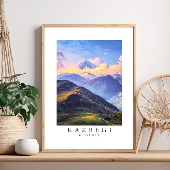 Kazbegi Georgia Caucasus Mountain Peaks Sunset Travel Poster