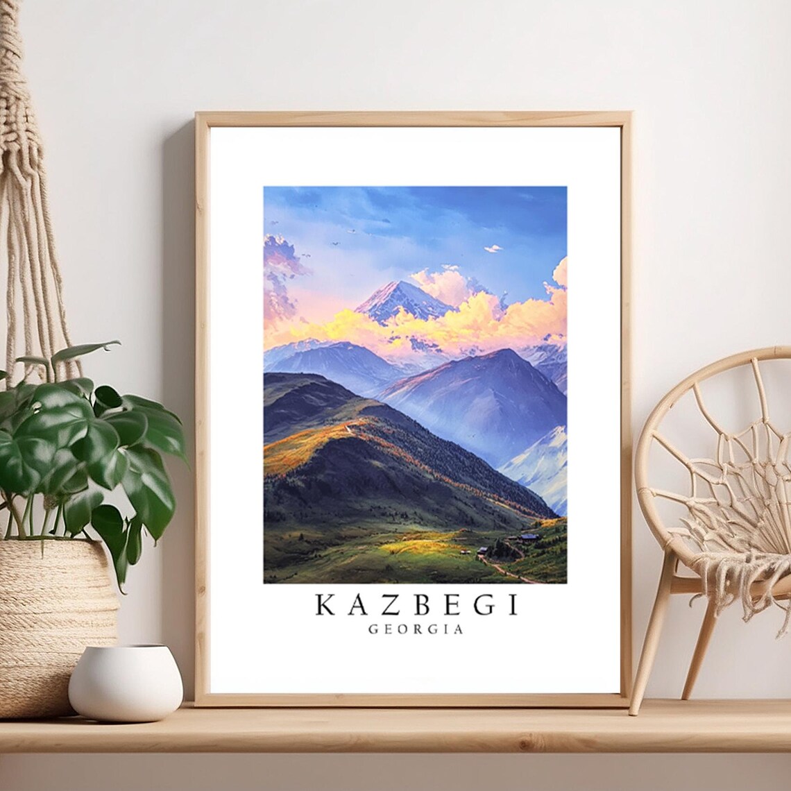 Kazbegi Georgia Caucasus Mountain Peaks Sunset Travel Poster