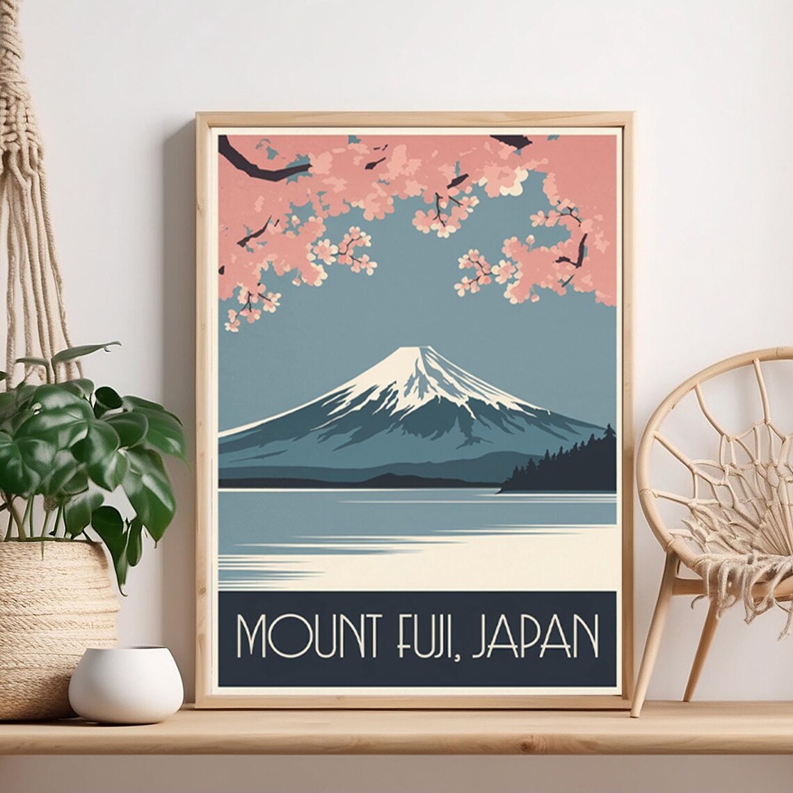 Mount Fuji Japan Cherry Blossoms Illustrated Vintage Travel Poster