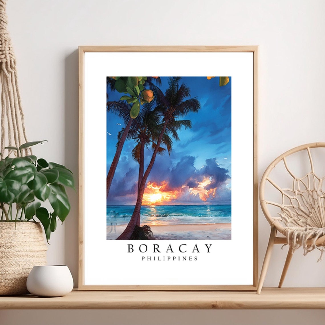 Boracay Philippines Beach Travel Poster Palm Sunset Tropical Art