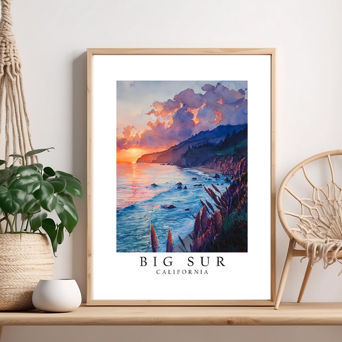 Big Sur California Sunset Coastline Watercolor Travel Poster Art