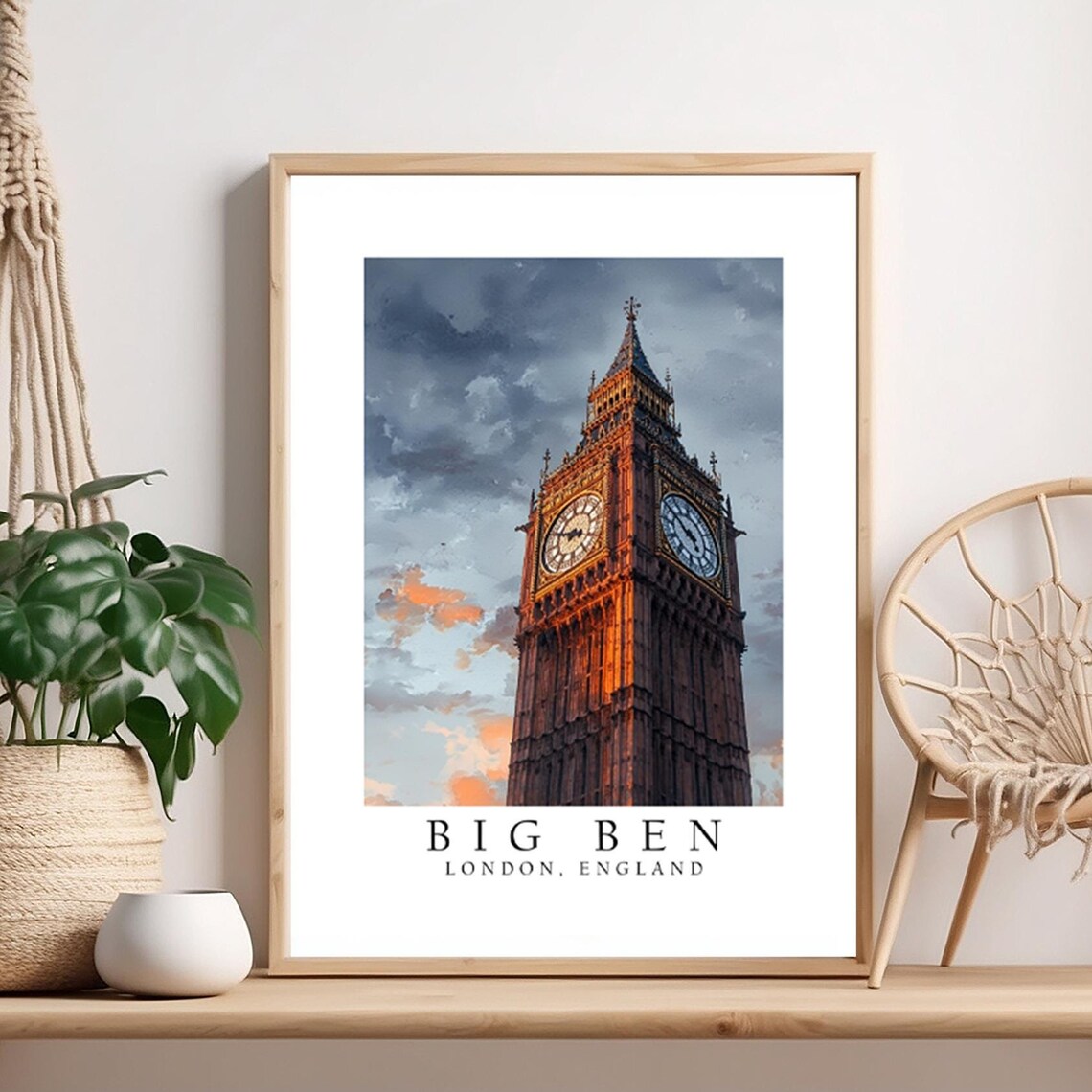 Big Ben London England Sunset Watercolor Skyline Travel Poster Art