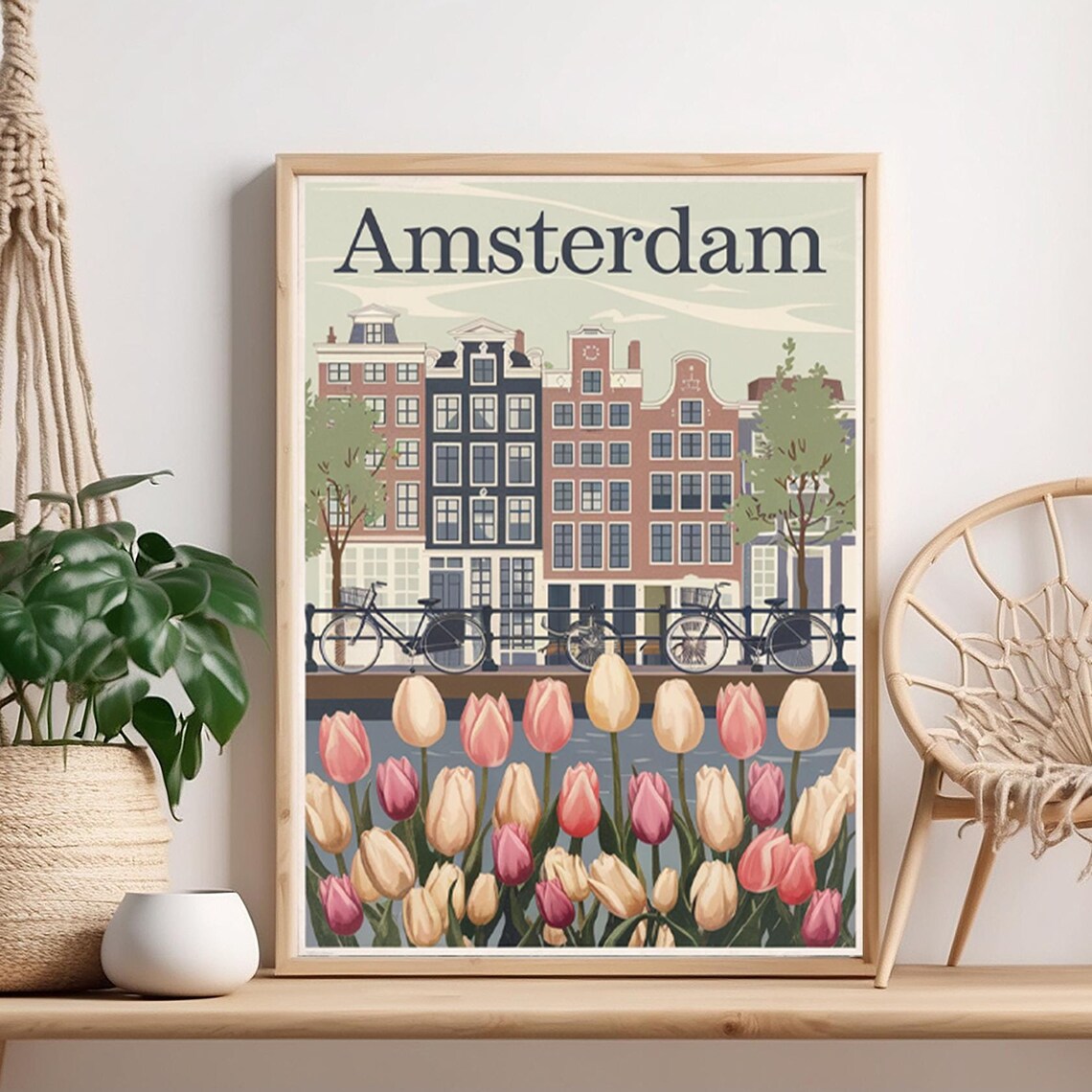 Amsterdam Canal Houses Bicycles and Tulips Vintage Travel Poster