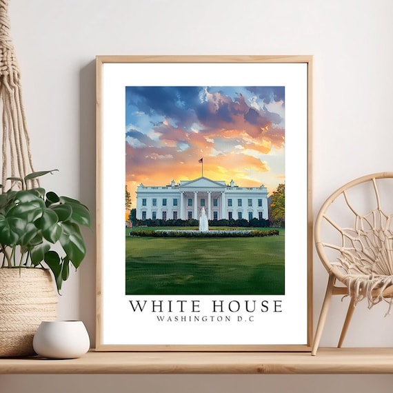 White House Washington DC Sunset Fountain Travel Landmark Photo Poster