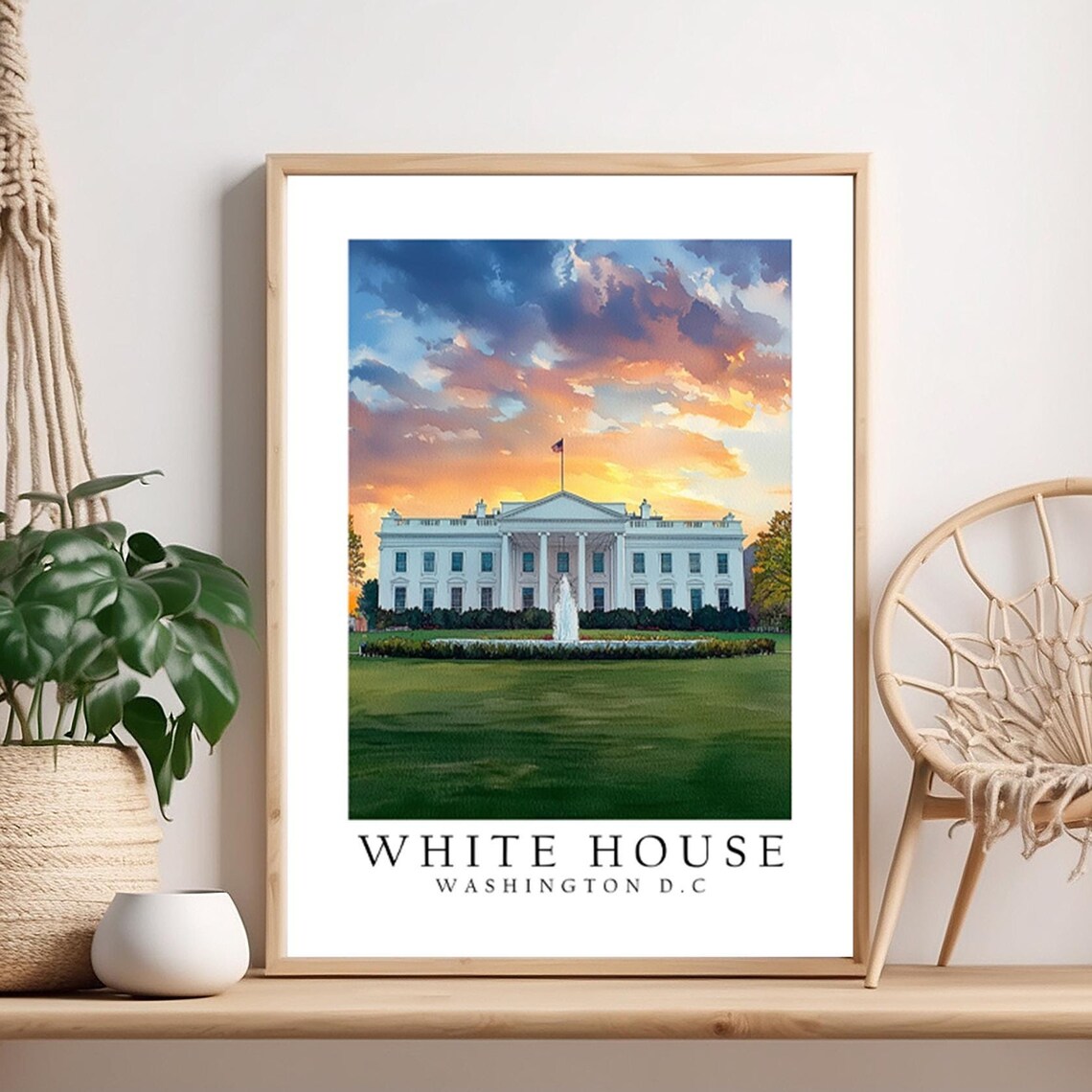 White House Washington DC Sunset Fountain Travel Landmark Photo Poster